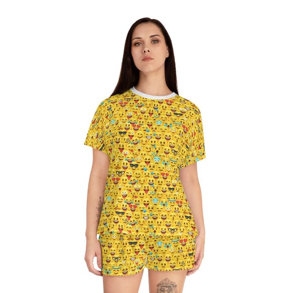 Emoji Print Yellow T-Shirt and Shorts Set - Picture 1 of 4